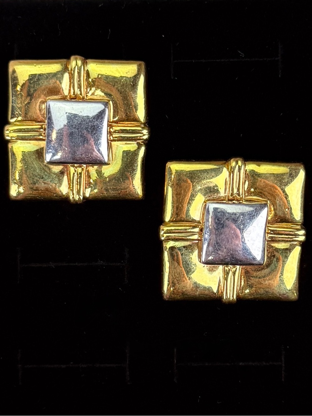 Vintage Mixed Goldtone and Silvertone Square Weighted Clip On Earrings